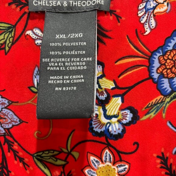Chelsea & Theodore Womens Top XXL Red Floral Long Sleeve V Neck Blouse - Picture 3 of 6
